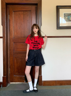 你好卡农 深蓝色牛仔短裤女夏季2024年新款高腰小个子阔腿休闲裤