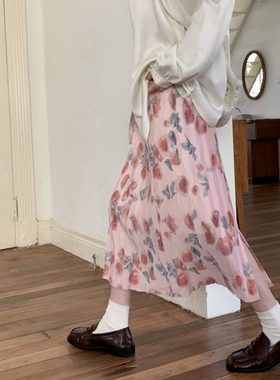 你好卡农 松紧腰压细褶印花半身裙女2024新款秋高腰肌理感a字长裙