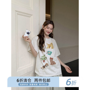 你好卡农 宽松纯棉上衣 原创涂鸦狗狗印花圆领短袖 t恤女夏2025新款