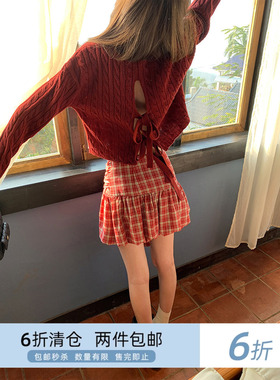 你好卡农 红色交叉绑带针织衫女夏季新款小众设计感宽松显瘦上衣