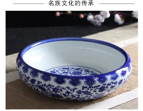 高温青花陶瓷睡莲花盆鱼缸摆件