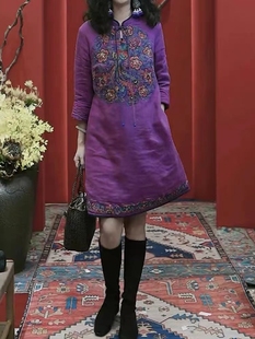 欧货复古重工加绒加厚民族风连衣裙欧洲站2023春季 时髦刺绣中 新款