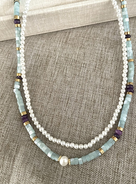 天然石头白蝶贝浅蓝色串珠项链女夏天轻奢小众高级感2024新款颈链