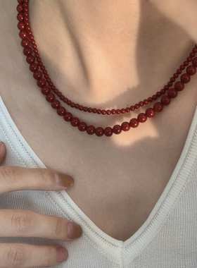 安哥拉酒红色串珠显白人造珍珠S925银中式复古毛衣项链气质高级感
