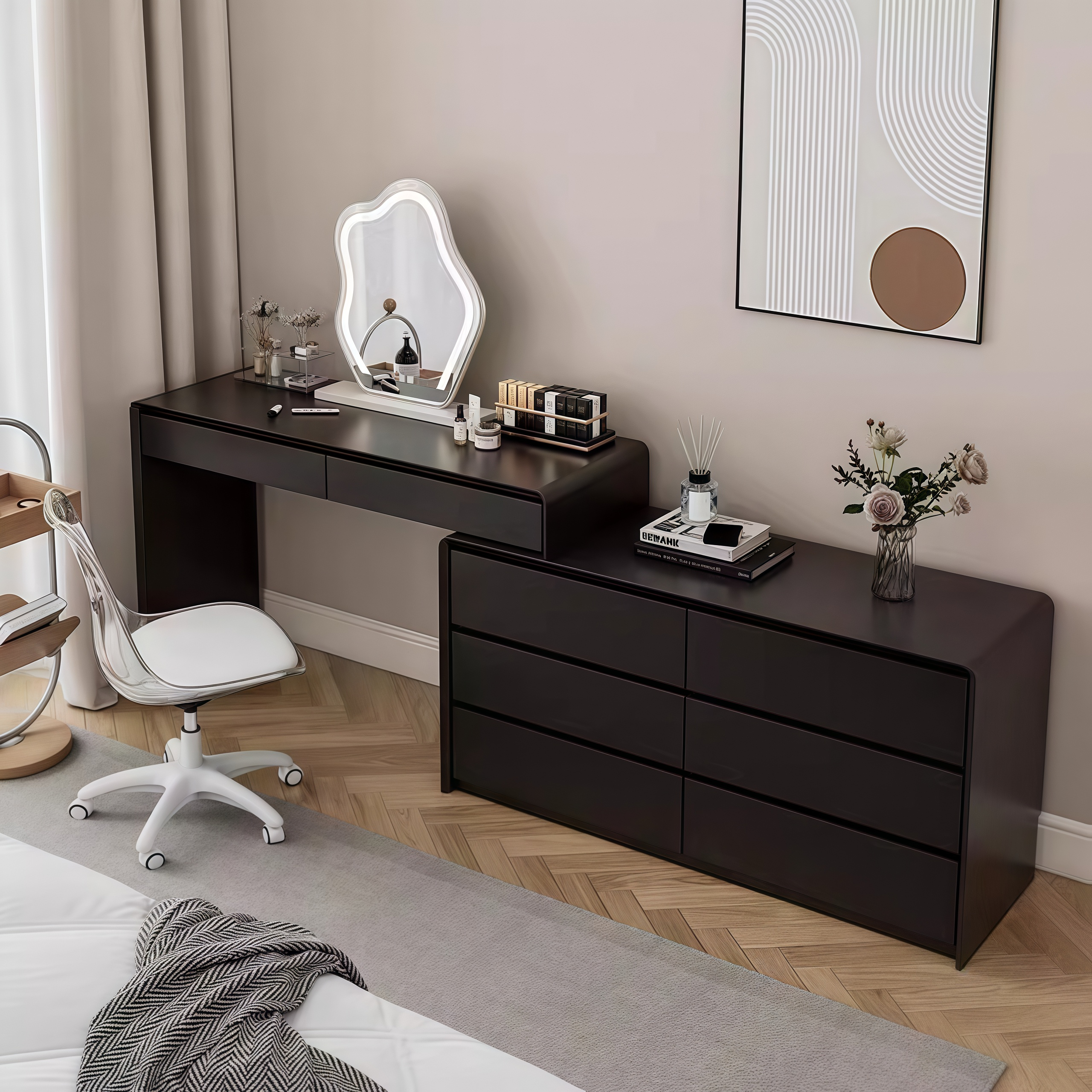 黑色烤漆梳妆台斗柜一体现代简约实木化妆桌卧室新款高级感可旋转