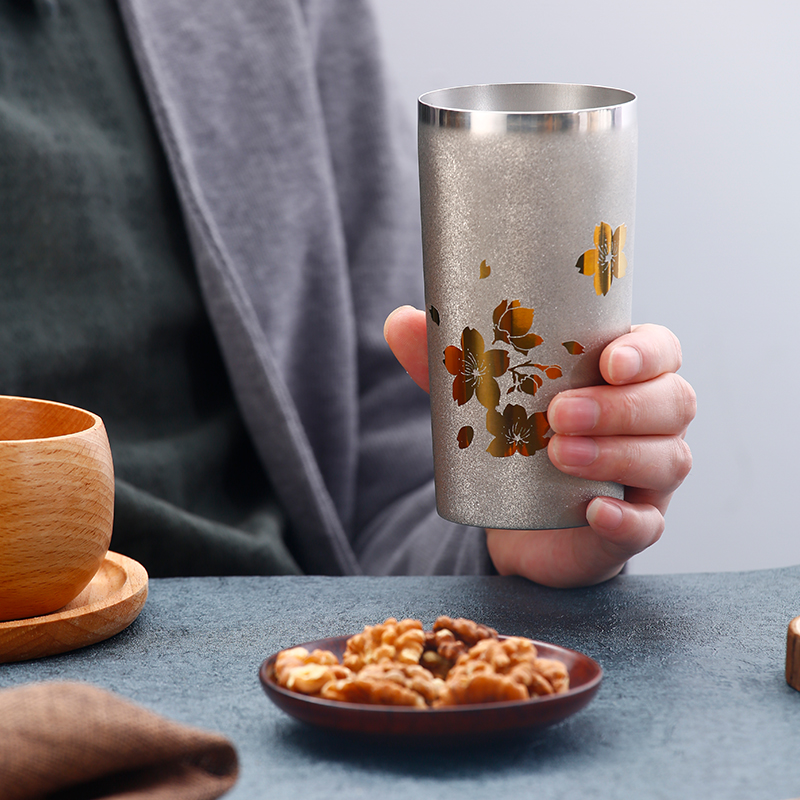 日本HORIE纯钛双层钛水杯子真空酒杯日系原宿茶杯多功能樱花对杯
