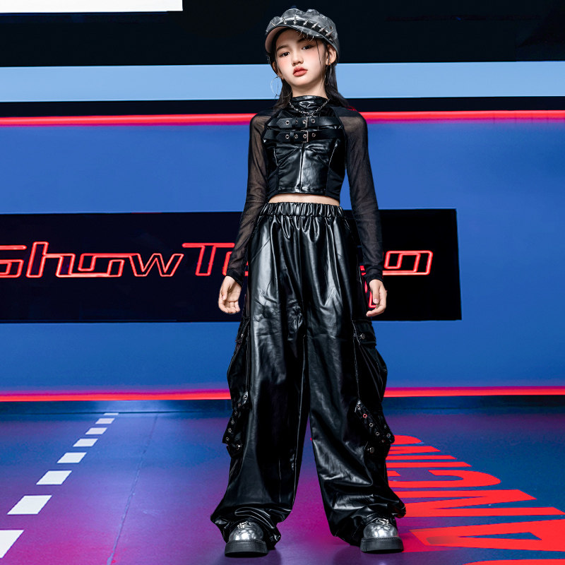 女童朋克风露脐网纱上衣演出服亮面皮裤爵士舞服儿童摇滚潮装个性