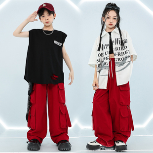 hiphop街舞童装酷少儿爵士舞演出服嘻哈衬衫短袖男女童红色工装裤