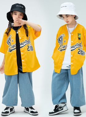 儿童街舞潮服嘻哈套装男童hiphop演出服装黄色短袖衬衫外套夏装酷