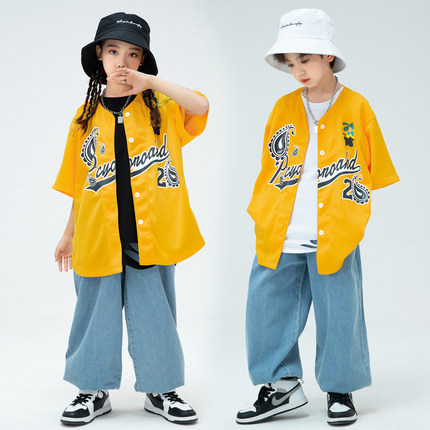 儿童街舞潮服嘻哈套装男童hiphop演出服装黄色短袖衬衫外套夏装酷