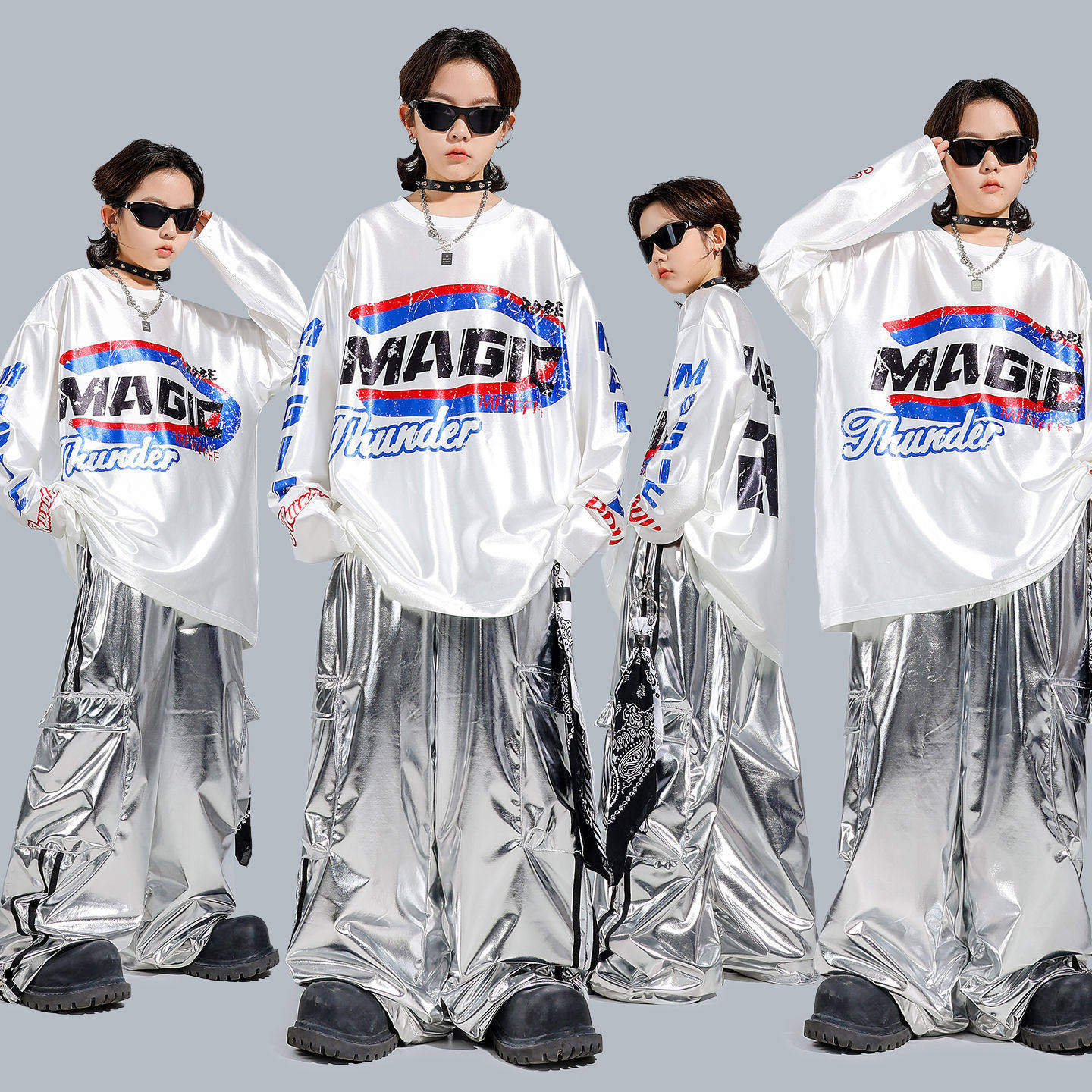 儿童街舞潮服嘻哈少儿hiphop宽松男童白色亮面卫衣痞帅银色皮长裤,童装/婴儿装/亲子装,儿童演出服,淘宝优惠券,粉丝福利购,淘宝优惠卷