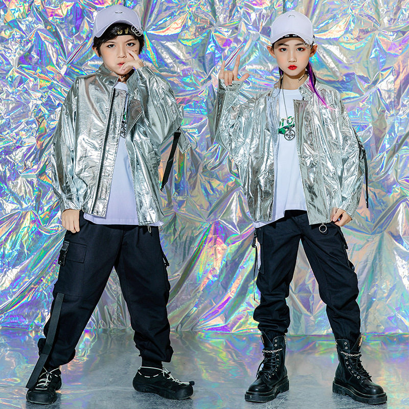 儿童街舞演出服银色亮皮外套嘻哈