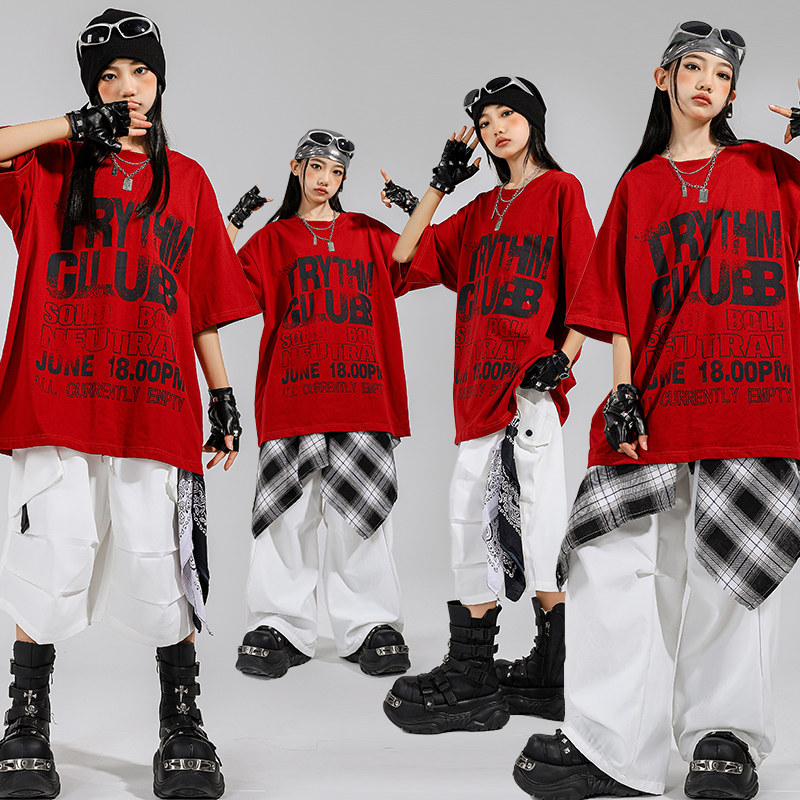 hiphop街舞童装嘻哈红色短袖T恤男女童宽松2025新款演出服夏季酷