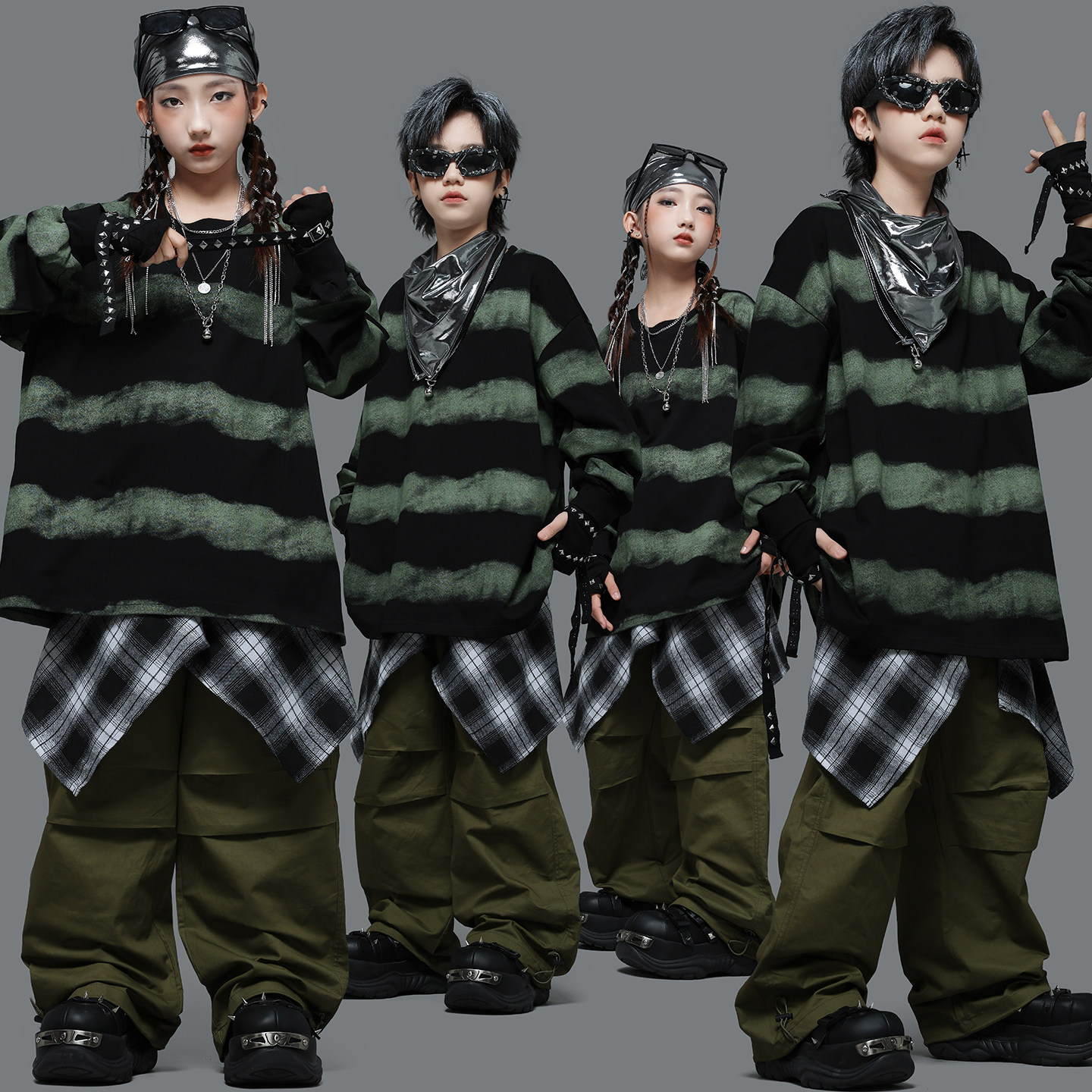 儿童街舞演出服套装男童嘻哈hiphop潮牌卫衣宽松绿条纹长袖裤子酷,童装/婴儿装/亲子装,儿童演出服,淘宝优惠券,粉丝福利购,淘宝优惠卷