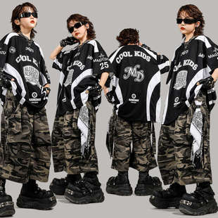 街舞儿童潮酷breaking演出服套装嘻哈男童hiphop女童迷彩中裤表演