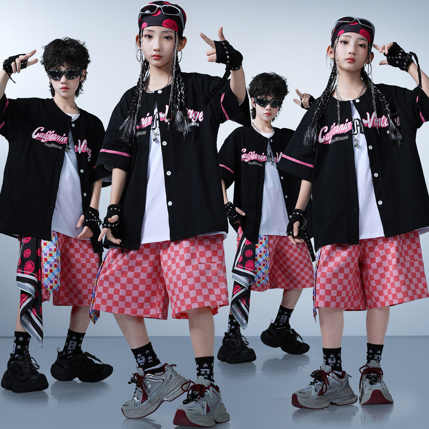 少儿街舞嘻哈套装短袖棒球服外套演出服hiphop粉色棋盘格子短裤酷