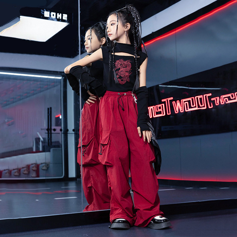 女童爵士舞服装无袖背心演出服套装女童嘻哈hiphop走秀中国龙印花