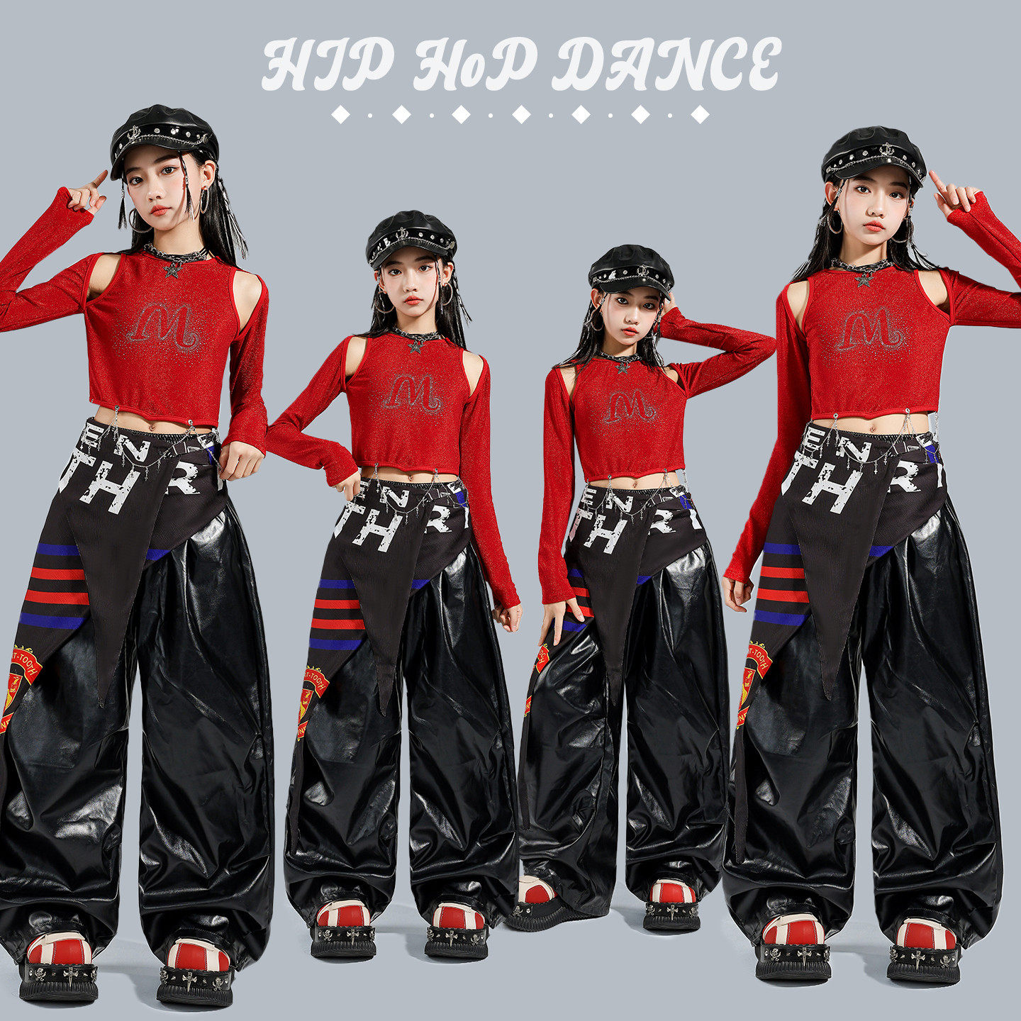 元旦女童爵士舞红色露脐演出套装