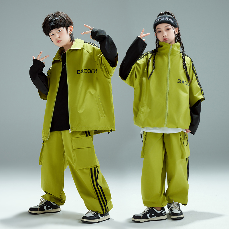 街舞儿童演出服男童hiphop嘻哈假两件绿色条纹外套运动套装新款酷
