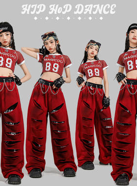女童爵士舞演出服套装红色套装酷