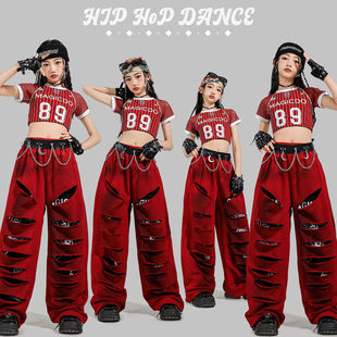 女童爵士舞演出服个性裤子红色破洞牛仔裤街舞套装儿童jazz新款酷