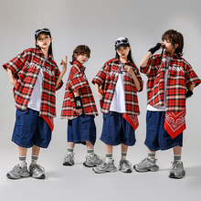 少儿街舞嘻哈套装男女童hiphop演出服红色格子衬衫短袖经典百搭夏