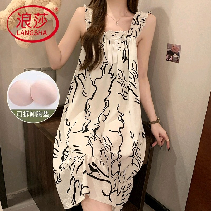 浪莎2025新款带胸垫睡裙女夏季吊带纯棉睡衣韩范简约可外穿家居服