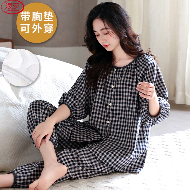 浪莎纯棉带胸垫睡衣女夏季七分袖九分裤七分裤韩范家居服薄款套装