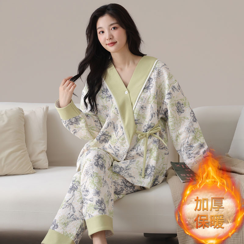 浪莎夹棉夹层睡衣女秋冬厚款套装