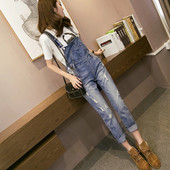 休闲宽松百搭破洞学院风吊带裤 牛仔背带裤 春秋韩版 2026新款 女长裤