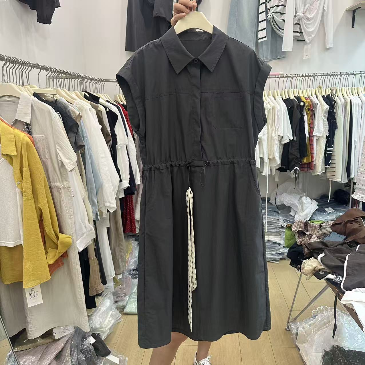 韩版小飞袖工装连衣裙抽绳显瘦