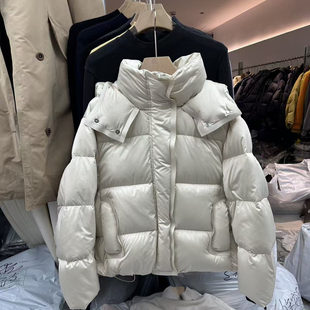 高端欧货珠光缎面90白鹅绒羽绒面包服女韩版时尚连帽加厚保暖外套