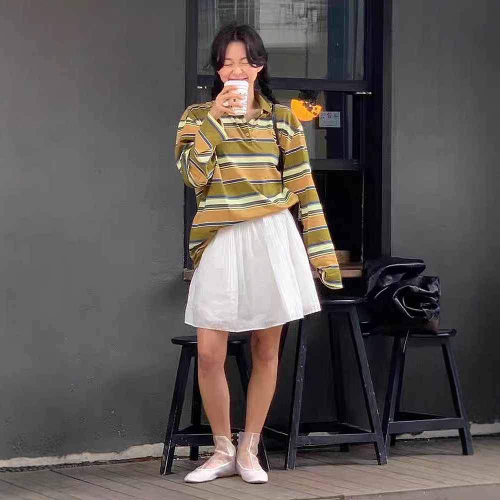 miu系Polo领复古彩色撞色T恤衫