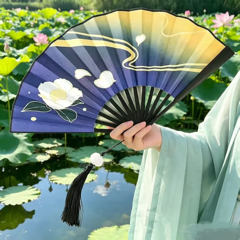 10寸古风折扇印花绢布扇子汉服拍照道具国风流苏折叠扇女随身配饰