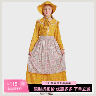 黄色碎花殖民地女孩 亚马逊货源草原先锋开拓者服装 田园风连衣裙