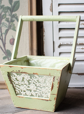 美式乡村复古做旧木制多肉植物鲜花小花篮田园绿色套盆装饰花盆