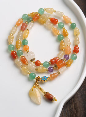 翡亦民族风天然金丝玉手串新疆彩玉女款三圈金丝玉葫芦吊树叶手链