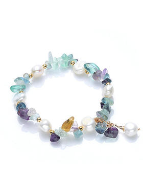 天然彩绿萤石珍珠手链 淡水珍珠手饰品欧美风14k包金直播货源热卖