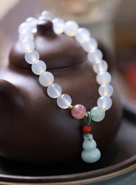 天然8MM白玛瑙手链女吊翡翠葫芦福禄玉石手串闺蜜礼物
