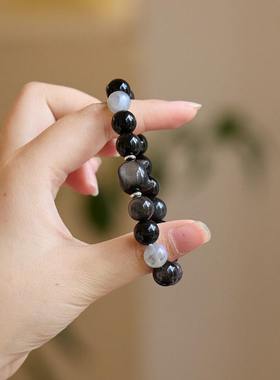 天银曜石草莓晶情侣手串新中式萌猫头手串送女友闺蜜生日礼物