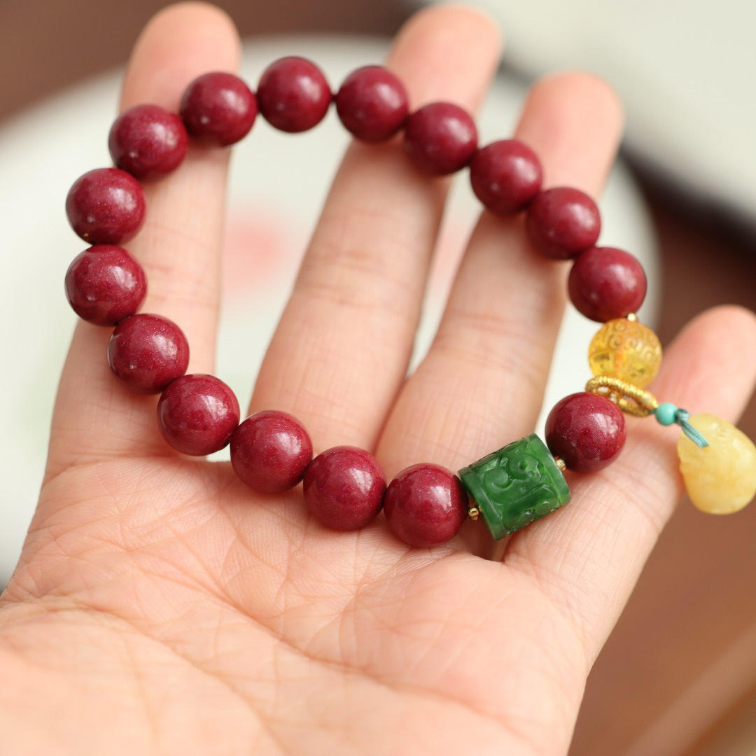 原创天然10MM朱砂手链女紫金砂碧玉路路通手串蜜蜡本命年礼物
