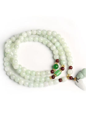 天然A货翡翠玉石绕三圈手链 配珠干青石榴石 葫芦双貔貅吊坠