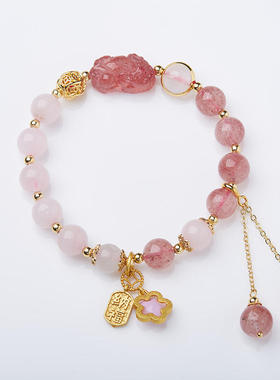 天然草莓晶粉晶双拼手链女草莓晶貔貅有钱花好运手串水晶手链