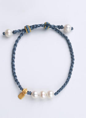 天然珍珠编织手链女 925银福牌珍珠三圆珠手工编织手绳活动小礼品