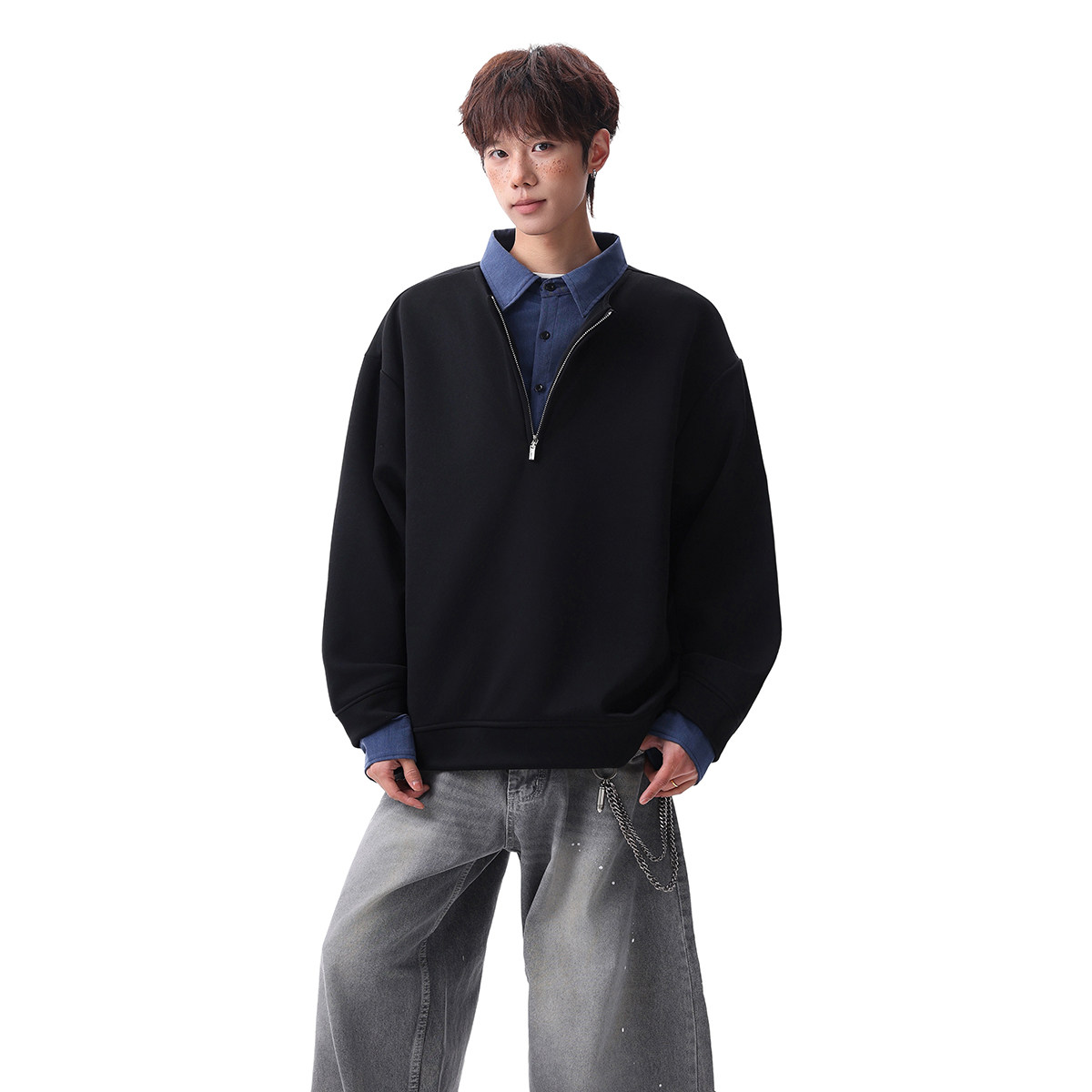 916-W97-特P55无差价现货重磅2026春装新拼接假两件卫衣无影墙，男装卫衣，星座916