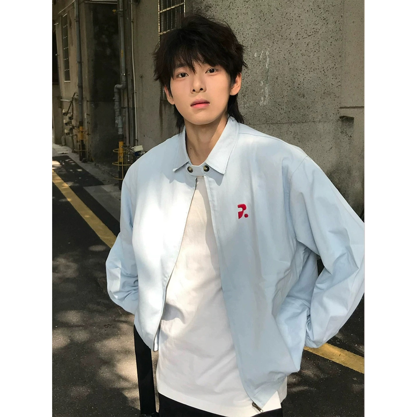 浅蓝色短款哈灵顿夹克男款春秋少年感美式翻领棒球服痞帅正肩外套,男装夹克,星座916