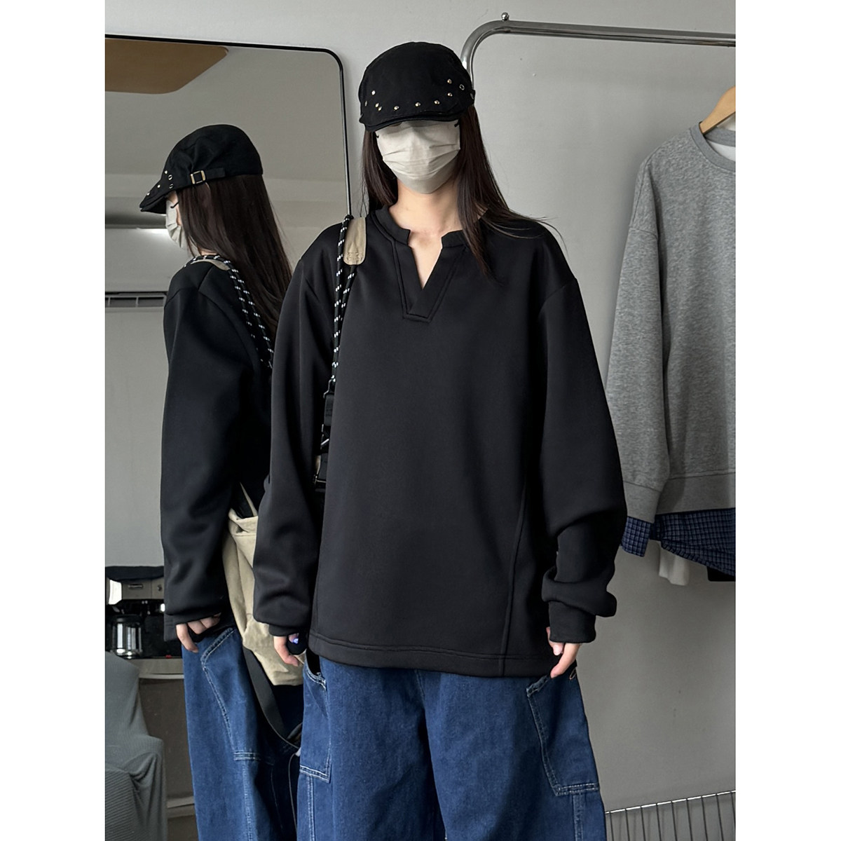 916-W82-特P33无差价重磅310克亨利领美式V领卫衣中性M-3XL,男装卫衣,星座916