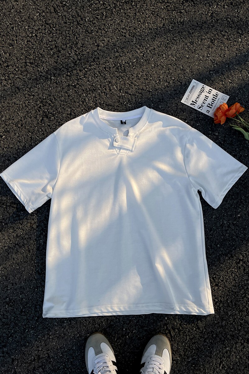 916-T152-特P28无差价2025夏装美式V领纽扣设计短袖T恤港风平铺,男装T恤,星座916