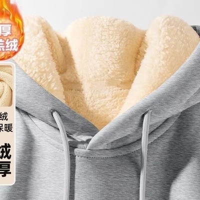 美式复古重磅加绒卫衣男生秋冬季潮牌连帽上衣加厚羊羔绒大码外套