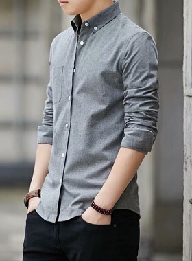 衬衫男土青年薄款修身韩版称衫秋季长袖衬衣显瘦浅色寸衣靓仔男衫